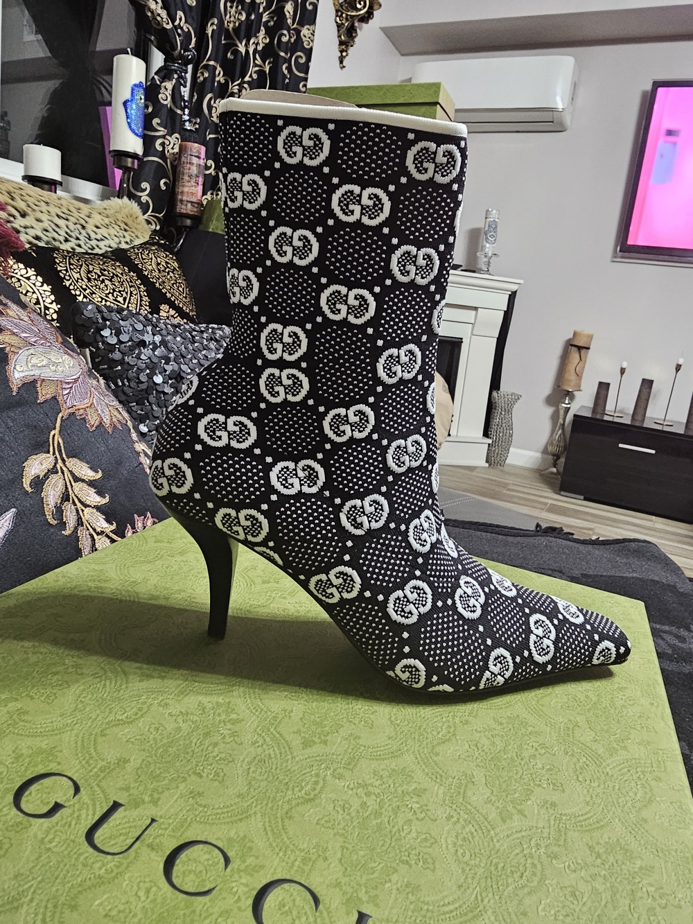 Gucci Black & White GG Monogram Pointed Toe Ankle Boots 37
